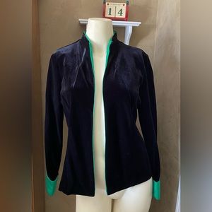 Jessica Howard petite jacket size 10 petite,black,velvet,open,green trim on cuff